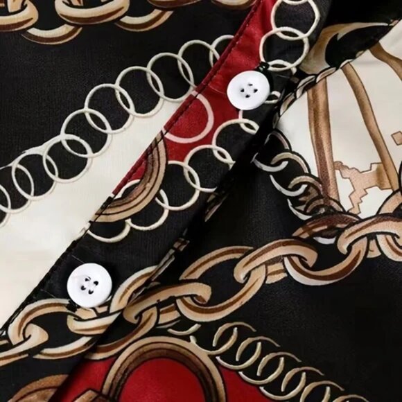 Black Red Chain Print Button-Up Blouse – Long Sleeve Baroque Satin Shirt - Picture 4 of 4